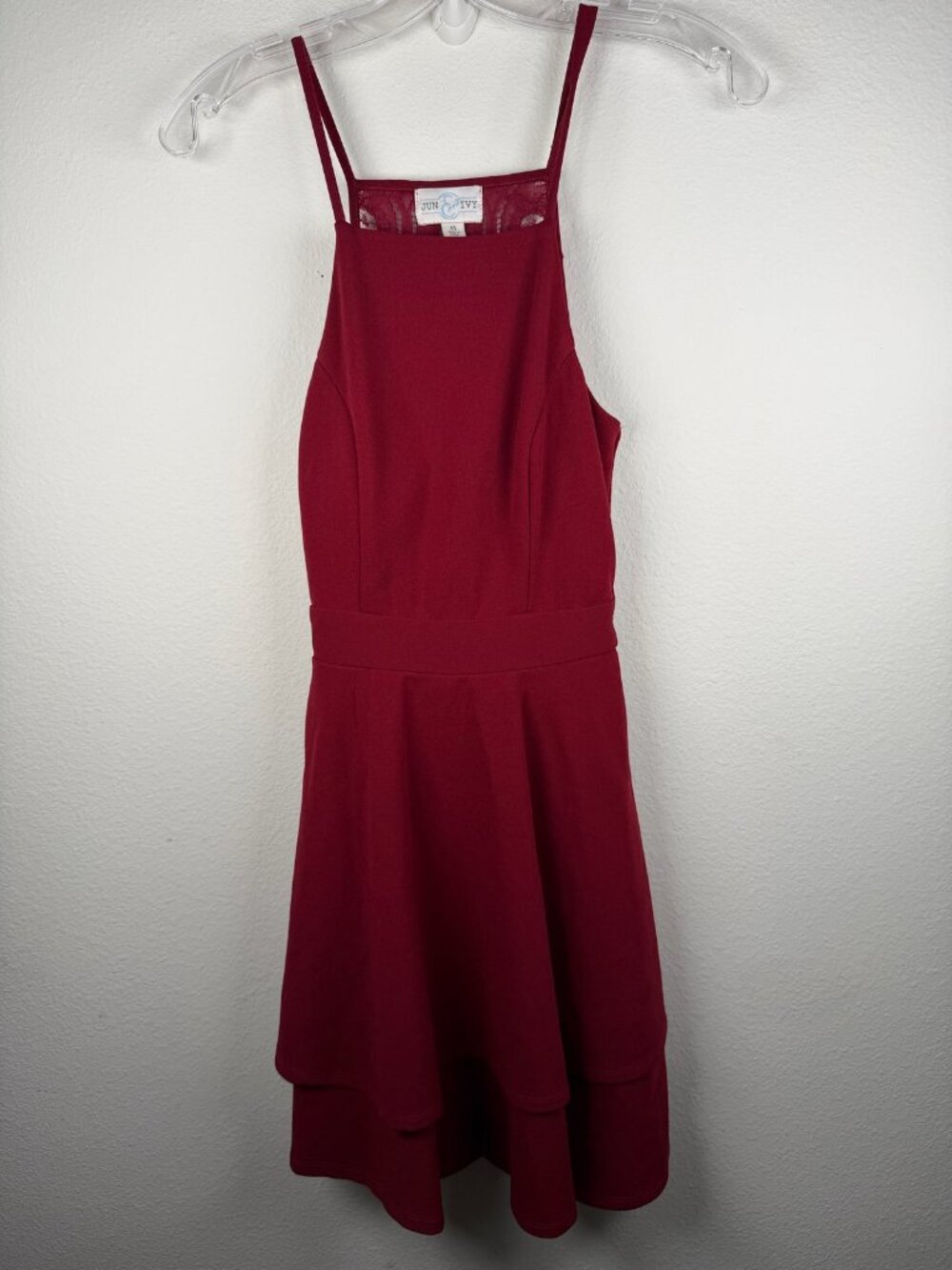 Burgundy Red Lace Back Cutout Halter Tiered Skater Mini Dress XS